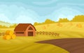 Serene autumn rural landscape with barn and yellow fields, agriculture and farming vector Illustration on a white Royalty Free Stock Photo