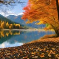 A serene autumn scene with colorful foliage, gentle falling leaves, and a peaceful river3, Generative AI