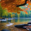 A serene autumn scene with colorful foliage, gentle falling leaves, and a peaceful river2, Generative AI