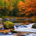 A serene autumn scene with colorful foliage, gentle falling leaves, and a peaceful river1, Generative AI