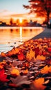 Serene autumn sea promenade with vibrant orange and red leaves.