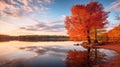 Serene Autumn Wetland: A Tranquil Scene Of Cherry Trees And Calm Waters