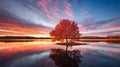 Serene Autumn Wetland With Vibrant Cherry Trees Reflecting On Calm Water Royalty Free Stock Photo