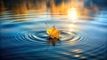 Serene autumnal stillness a single leaf floats gently on tranquil water, creating concentric circles at sunset. Generative AI Royalty Free Stock Photo