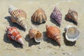 A serene background featuring seashells arranged beautifully on a sandy surface. Royalty Free Stock Photo
