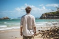 Serene Backview in White Linen on Beach