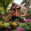 Serene Backyard Oasis: Custom-Built Wooden Treehouse Surrounded by Lush Greenery