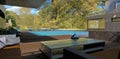 A serene backyard patio setting in an advanced design villa. Comfortable furniture and decking near the pool. A jug of