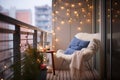 serene balcony with a papasan chair and fairy lights Royalty Free Stock Photo