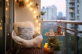 serene balcony with a papasan chair and fairy lights Royalty Free Stock Photo