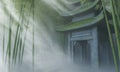 Serene Bamboo Forest with Tranquil Temple and Soft Misty Light Royalty Free Stock Photo