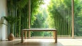 Serene bamboo forest view from minimalist room with simple table and plant. Generative AI Royalty Free Stock Photo