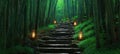 The serene bamboo path illuminated by lanterns in a tranquil forest. AI generated image Royalty Free Stock Photo