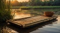 A Peaceful Bamboo Raft on a Calm Lake at Sunrise, Serene Morning Royalty Free Stock Photo