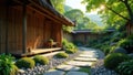 Serene bamboo structure pathway garden with stone walkway and lush greenery. Generative AI Royalty Free Stock Photo