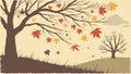 Serene Bare Autumn Tree with Falling Leaves in a Subtle Landscape, vector design Generative AI Royalty Free Stock Photo
