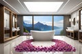 A serene bathroom with a bathtub surrounded by fragrant