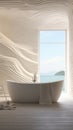 A serene bathroom featuring a 3D wave pattern on the walls,