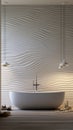 A serene bathroom featuring a 3D wave pattern on the walls,