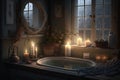 a serene bathroom, with a flickering candle and soft music, for a moment of peace and tranquility