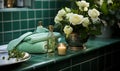 A Serene Bathroom Setting with Flower Arrangement and Soft Candlelight