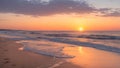 A serene beach at dusk, with the sun setting over the horizon and waves gently washing ashore.