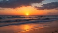 A serene beach at dusk, with the sun setting over the horizon and waves gently washing ashore.