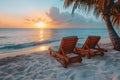 Serene Beach Escape: Sun Lounges & Sunset. Concept Beach Photography, Sunset Scenes, Relaxing Royalty Free Stock Photo