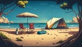 An illustration of a serene beach view, with tent and camping chairs set up. Created with generative AI technology. Royalty Free Stock Photo