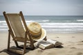 a serene beach scene with a chair, open book, and straw hat overlooking the gentle waves, ai generative Royalty Free Stock Photo