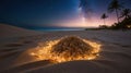 Magical Nighttime Beach Scene with Fairy Lights and Coconut Shells Royalty Free Stock Photo