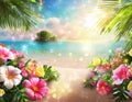 Serene beach scene with shimmering water, lush flowers, and sunlit palm leaves Royalty Free Stock Photo