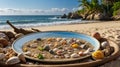 Seashells and Sand on Beach Plate with Ocean View Royalty Free Stock Photo