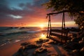 A serene beach scene with a swing, white sand, and captivating sunset