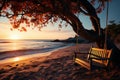 A serene beach scene with a swing, white sand, and captivating sunset