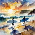 Serene beach scene with two surfers at sunset, rendered in watercolor style