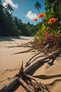Tropical Beach Scene: Driftwood, Flowers, and Palm Trees Royalty Free Stock Photo