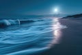 A serene beach scene where a full moon shines brightly, casting its light over the calm ocean waters, A moonlit beach with gently Royalty Free Stock Photo