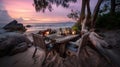 Romantic Candlelit Beach Dinner Set Against a Stunning Sunset Background - AI Generated Royalty Free Stock Photo