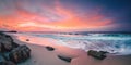 Serene beach at sunrise with a multicolored sky behind. Paradise tropical beach at sunset, sea waves and surf, fine sand