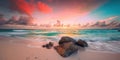 Serene beach at sunrise with a multicolored sky behind. Paradise tropical beach at sunset, sea waves and surf, fine sand