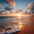 A serene beach at sunrise with waves gently lapping the shore