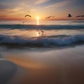 A serene beach at sunset, with gentle waves washing ashore and seagulls flying in the distance, creating a peaceful scene3