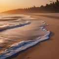 A serene beach at sunset, with gentle waves washing ashore and seagulls flying in the distance, creating a peaceful scene5