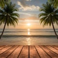 Serene beach at sunset with palm trees, calm waters, wooden deck, and soft clouds in sky Royalty Free Stock Photo