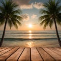 Serene beach at sunset with palm trees, calm waters, wooden deck, and soft clouds in sky Royalty Free Stock Photo