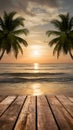 Serene beach at sunset with palm trees, calm waters, wooden deck, and soft clouds in sky Royalty Free Stock Photo