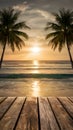 Serene beach at sunset with palm trees, calm waters, wooden deck, and soft clouds in sky Royalty Free Stock Photo