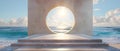 Serene Beachfront Podium with Circular Frame at Sunrise. Concept Beachfront Podium, Sunrise,