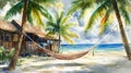 A serene beachfront scene featuring a hammock nestled between palm trees, perfect for relaxation and escape Royalty Free Stock Photo